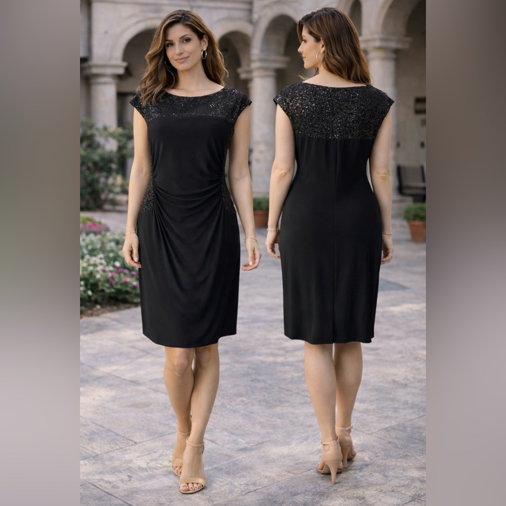 R&M Richards Black Dress 14W Sequin Jersey Stretch Cruise Party Wedding NEW